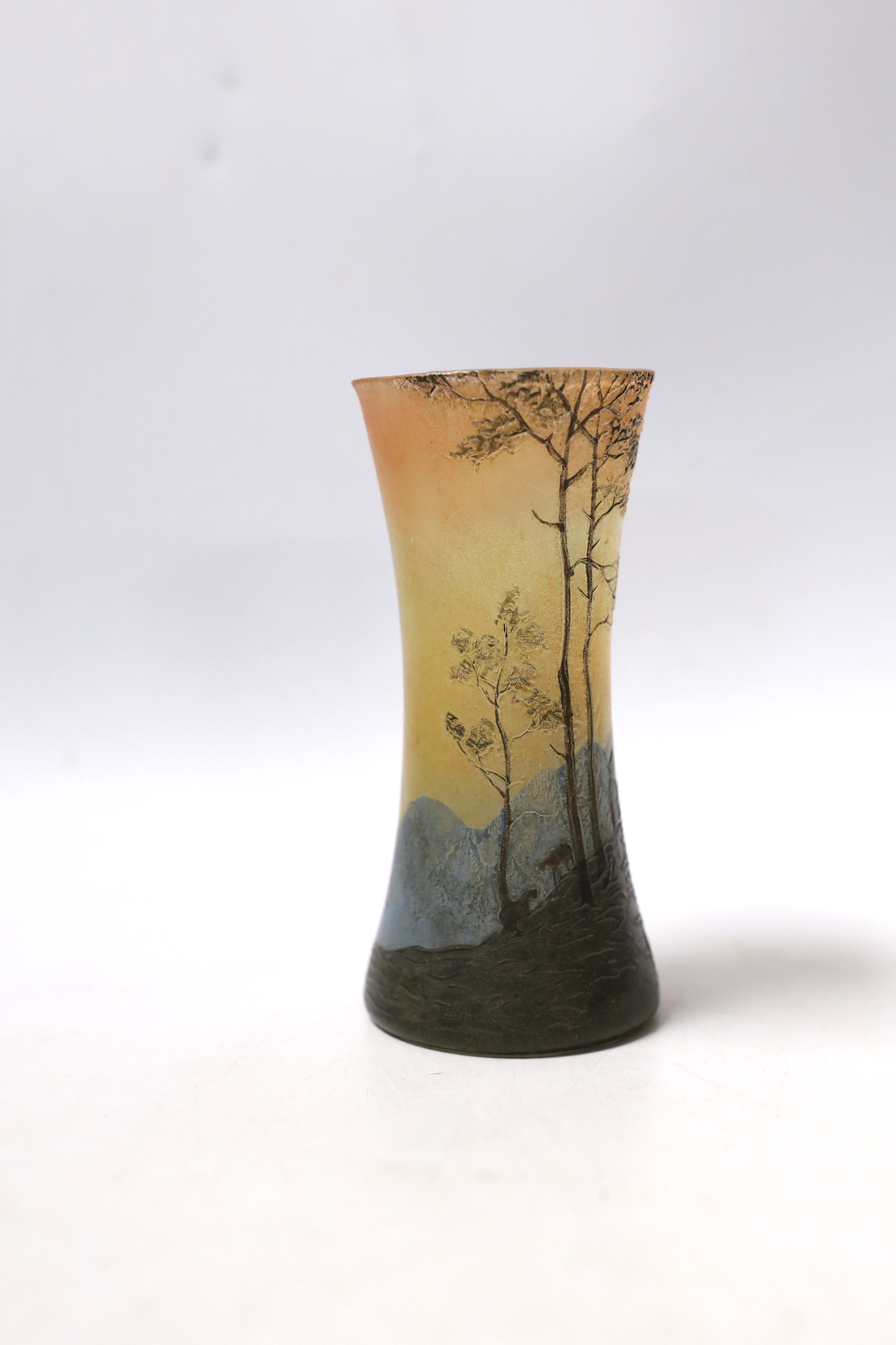 A Legras glass cameo vase of sheep grazing on a hillside, 14cm